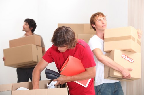 Packed office equipment prepared for a Westminster business move